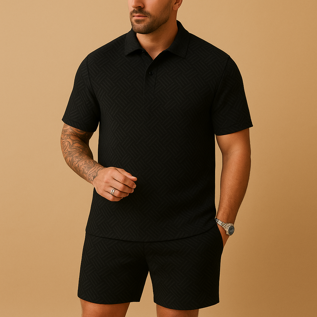 Men’s summer set with polo shirt and shorts, perfect for holidays, beach days, or casual summer outfits.
