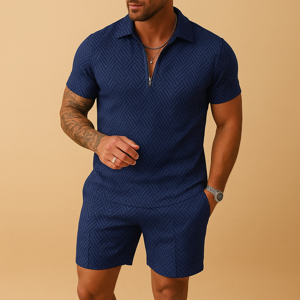 Men’s summer set with polo shirt and shorts, perfect for holidays, beach days, or casual summer outfits.