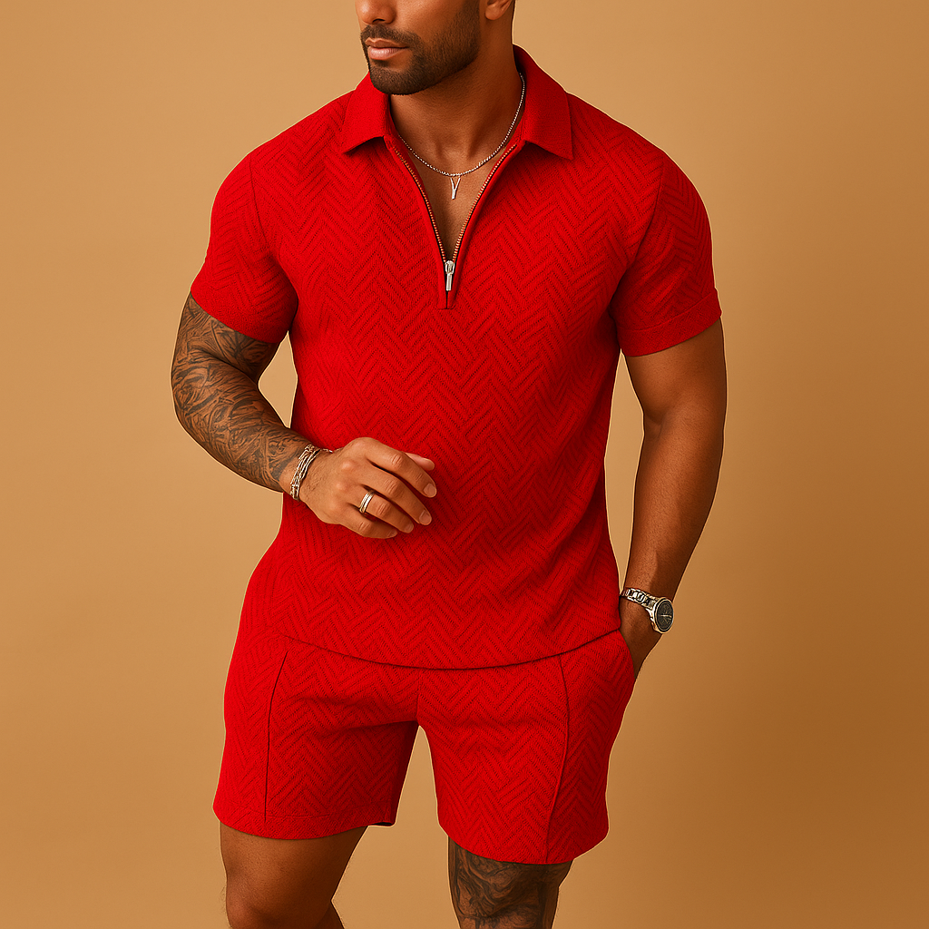 Men’s summer set with polo shirt and shorts, perfect for holidays, beach days, or casual summer outfits.