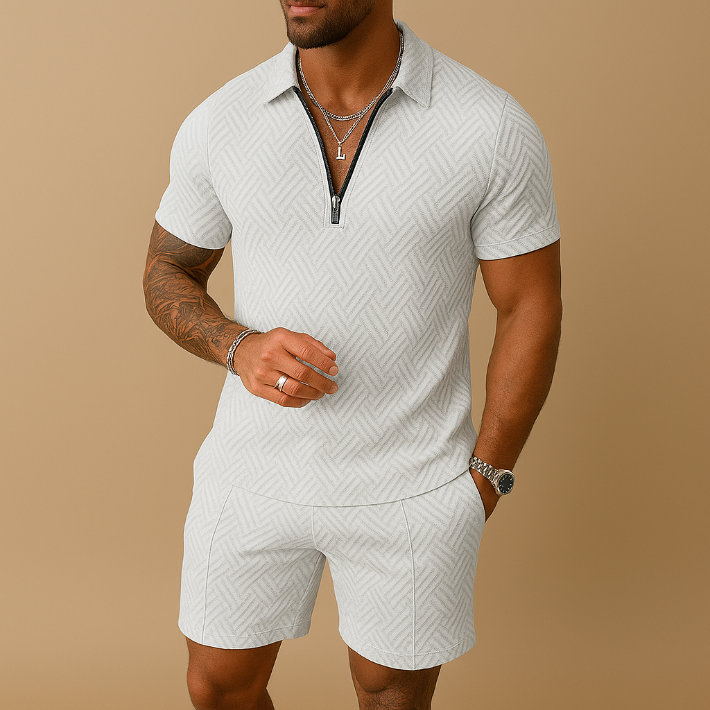 Men’s summer set with polo shirt and shorts, perfect for holidays, beach days, or casual summer outfits.