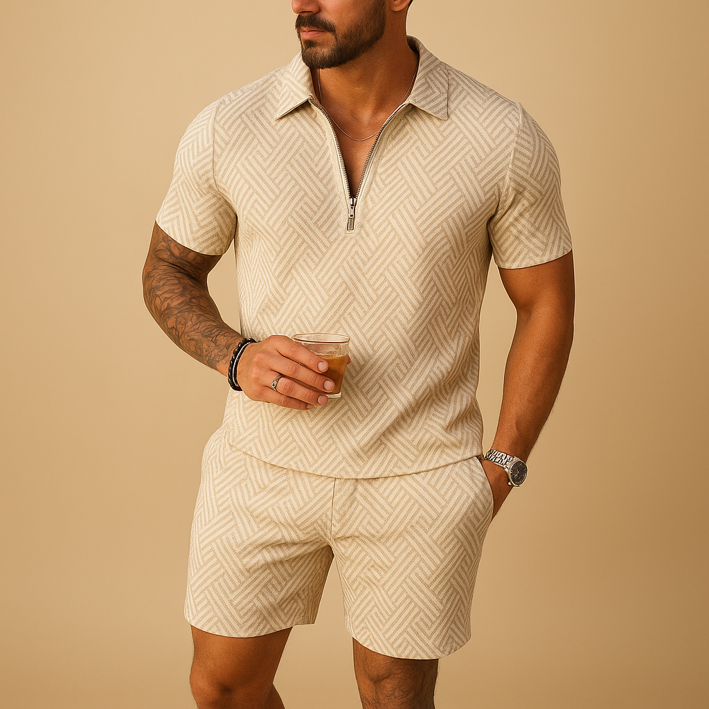 Men’s summer set with polo shirt and shorts, perfect for holidays, beach days, or casual summer outfits.