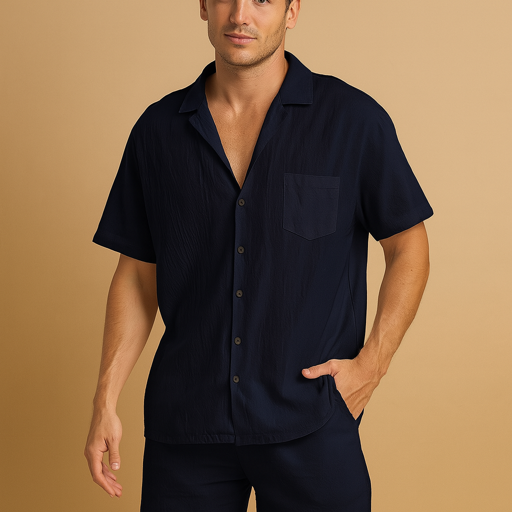 Men’s summer set with V-neck shirt and elastic shorts, perfect for casual wear, relaxing at home, or summer outings.