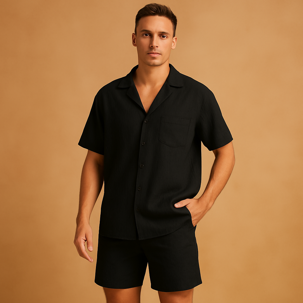 Men’s summer set with V-neck shirt and elastic shorts, perfect for casual wear, relaxing at home, or summer outings.