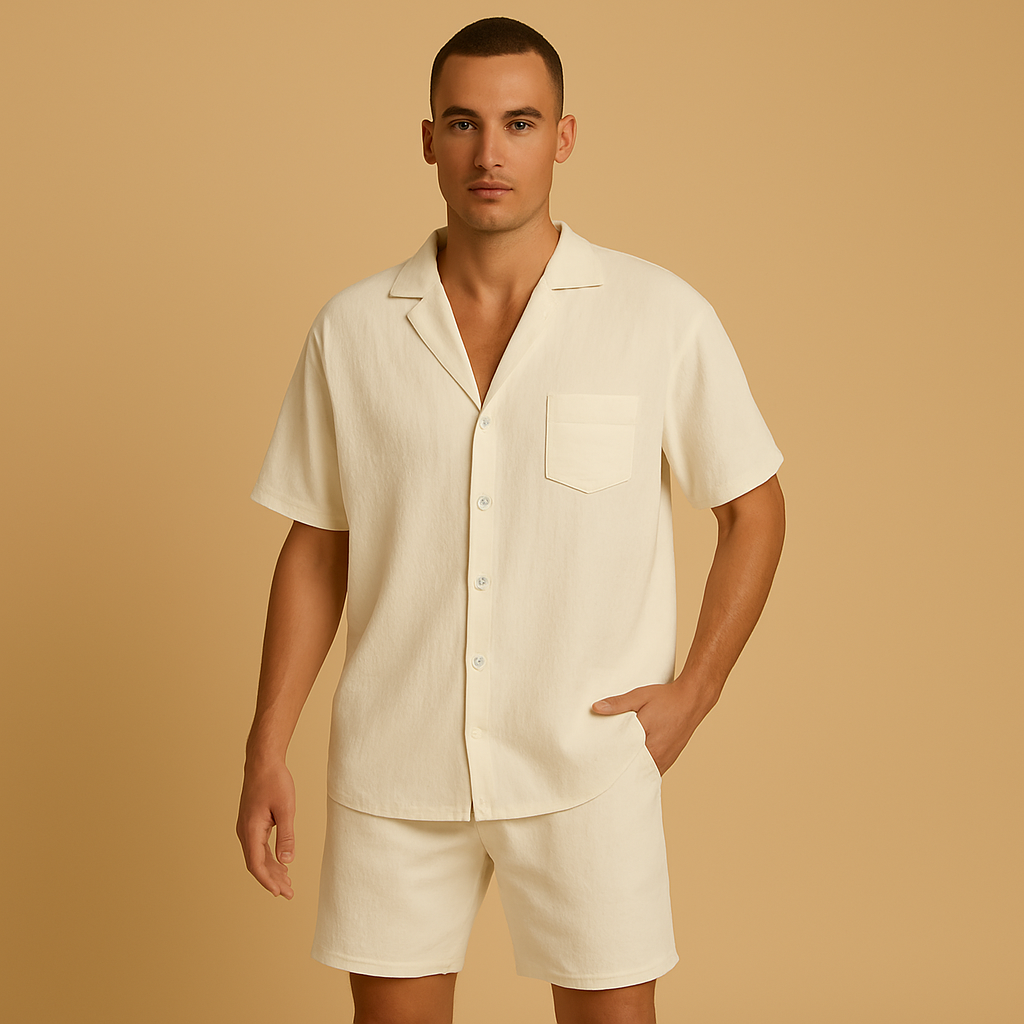 Men’s summer set with V-neck shirt and elastic shorts, perfect for casual wear, relaxing at home, or summer outings.