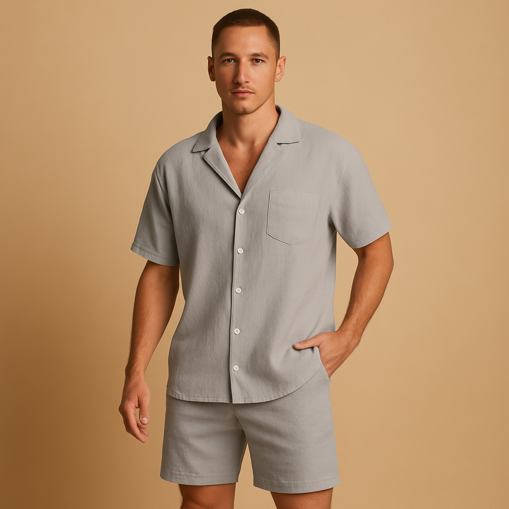 Men’s summer set with V-neck shirt and elastic shorts, perfect for casual wear, relaxing at home, or summer outings.