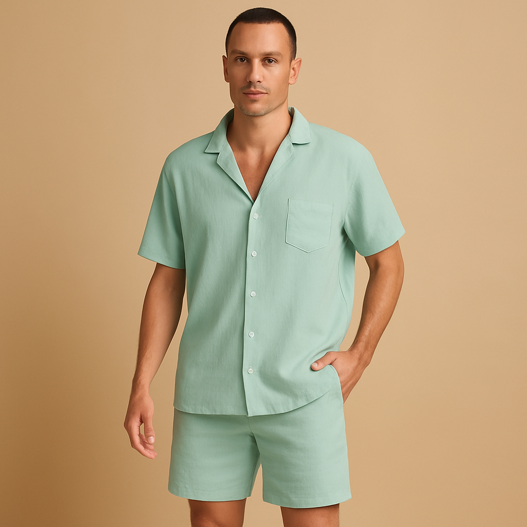 Men’s summer set with V-neck shirt and elastic shorts, perfect for casual wear, relaxing at home, or summer outings.