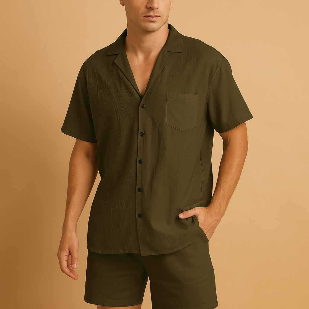 Men’s summer set with V-neck shirt and elastic shorts, perfect for casual wear, relaxing at home, or summer outings.