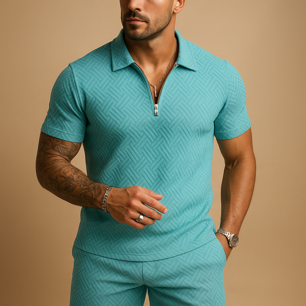 Men’s summer set with zip-detail T-shirt and shorts, perfect for beach days, lounging, or casual summer wear.