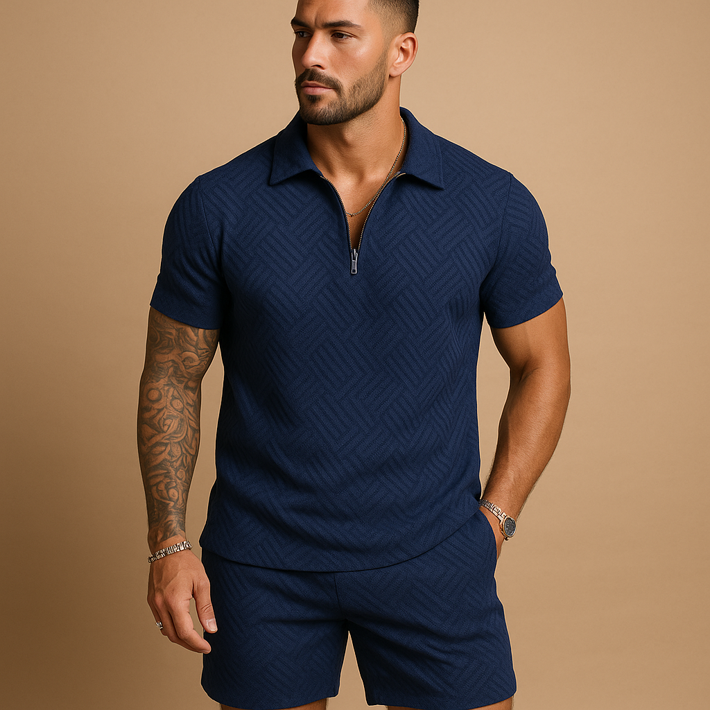 Men’s summer set with zip-detail T-shirt and shorts, perfect for beach days, lounging, or casual summer wear.