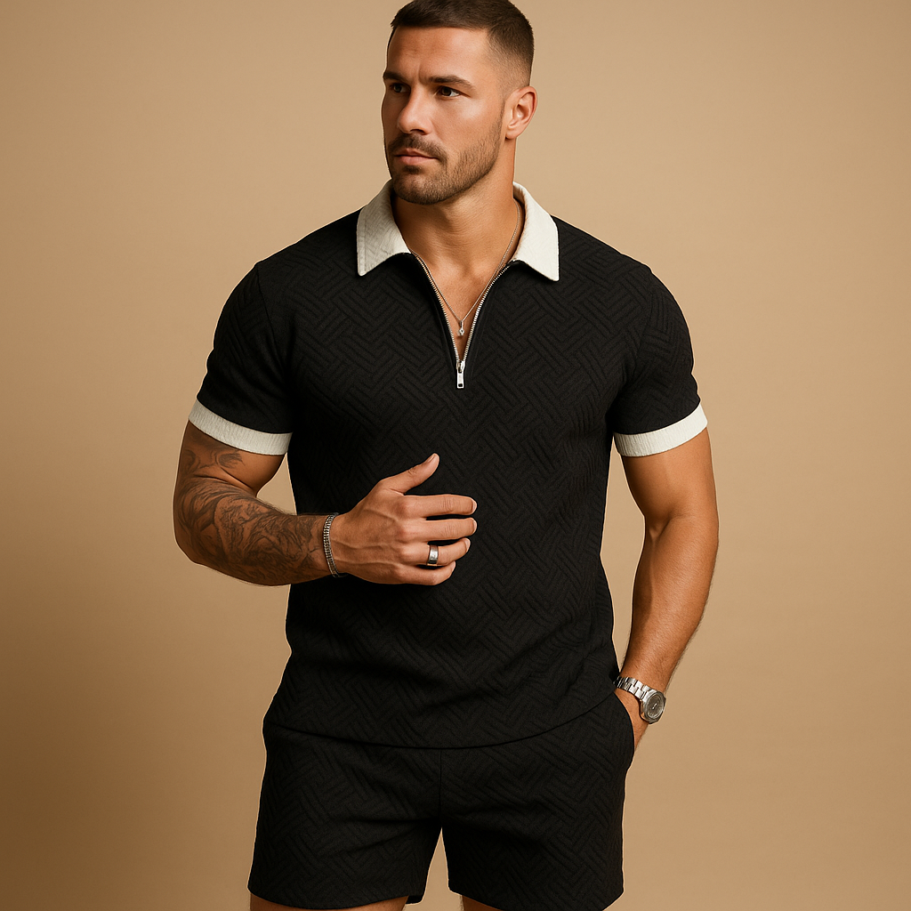 Men’s summer set with zip-detail T-shirt and shorts, perfect for beach days, lounging, or casual summer wear.