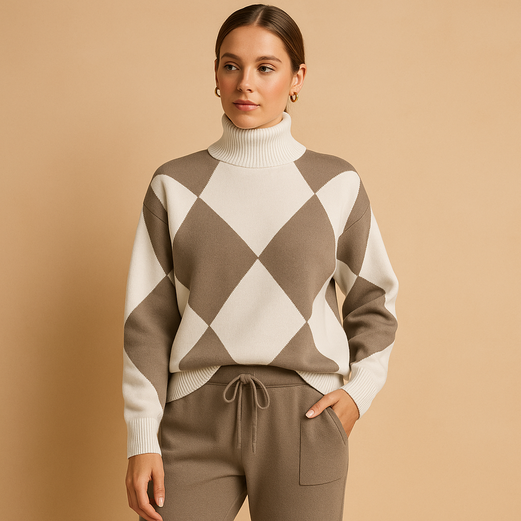 Comfortable sweater and jogger set for women, perfect for lounging at home or casual outdoor wear, available in beige, red, blue, and black.