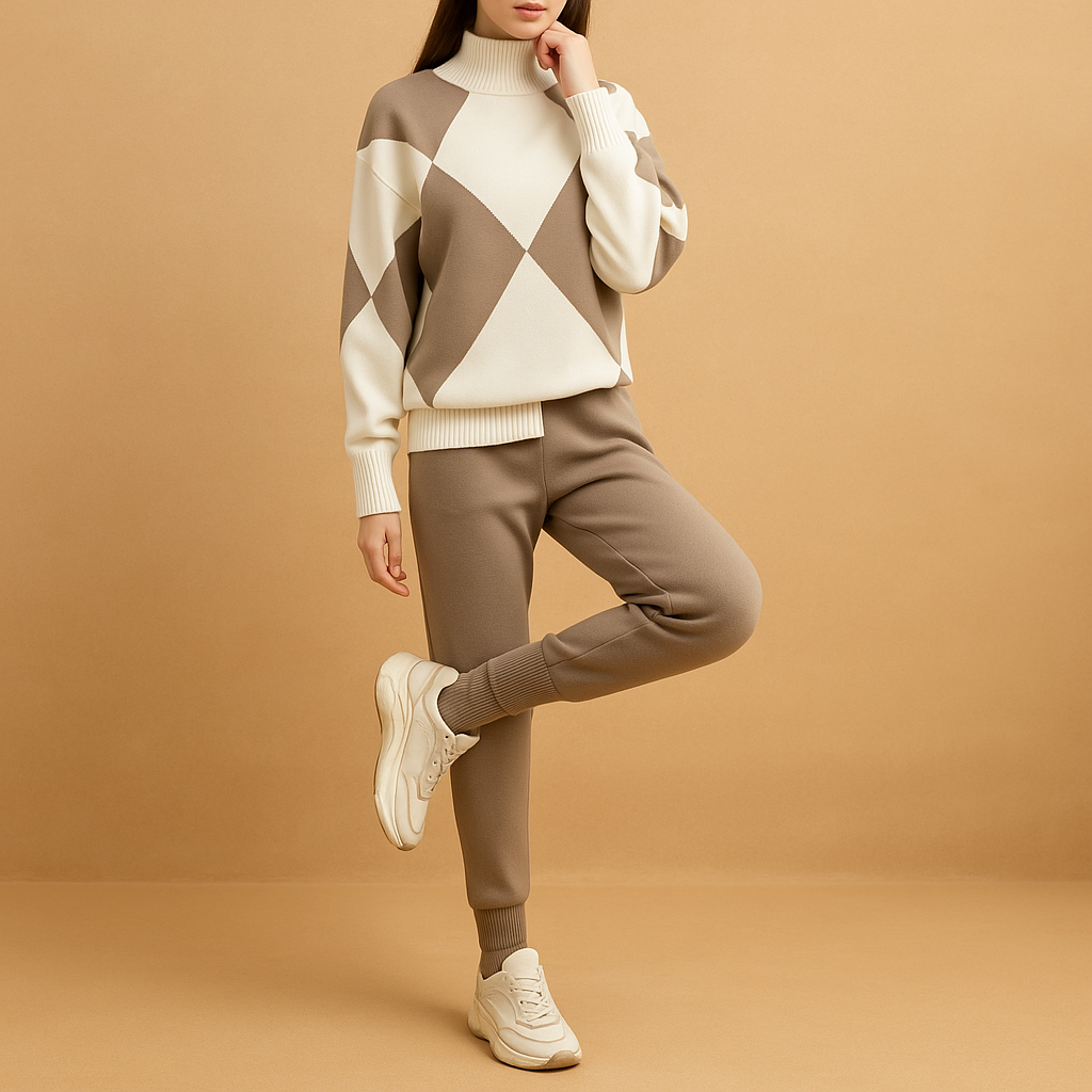 Comfortable sweater and jogger set for women, perfect for lounging at home or casual outdoor wear, available in beige, red, blue, and black.