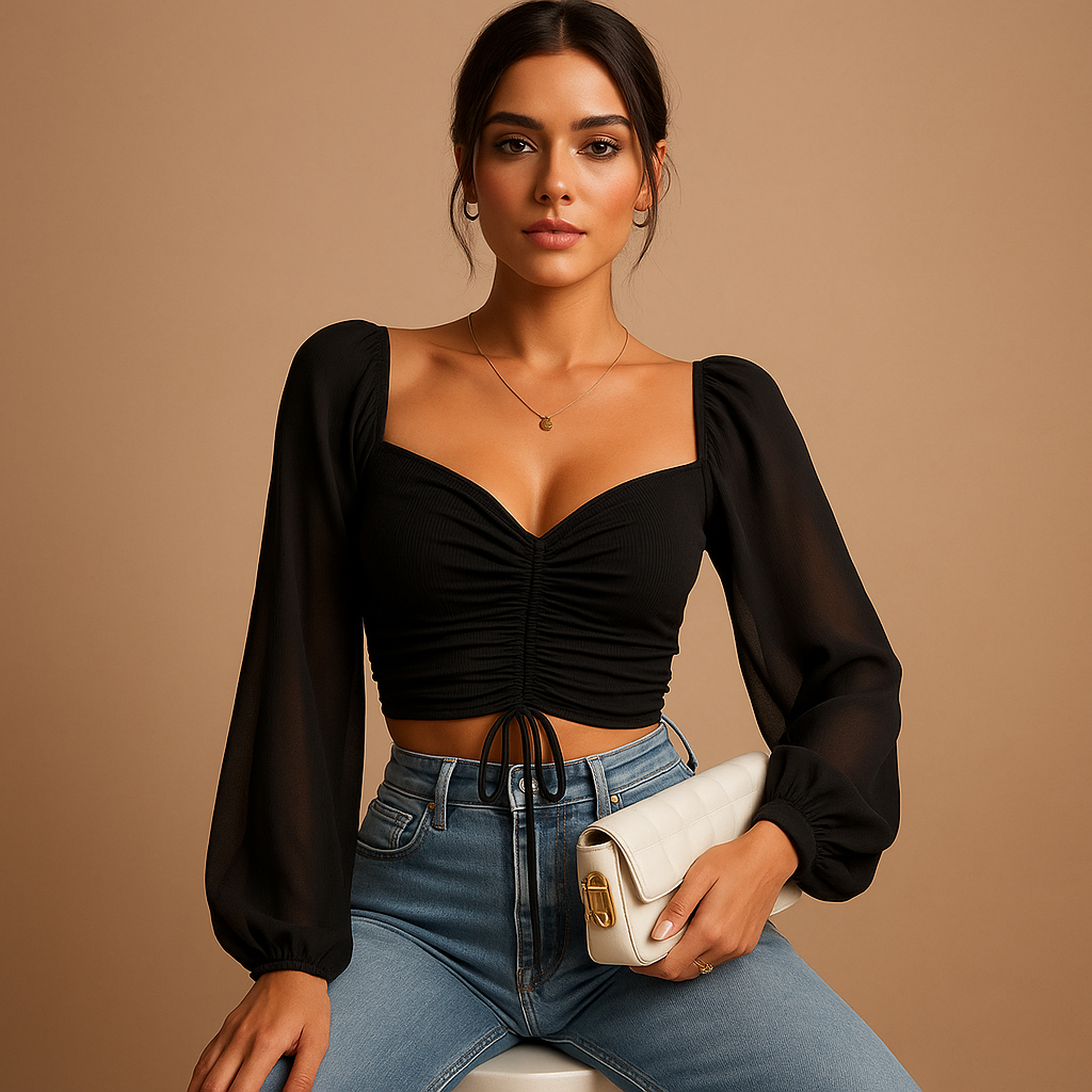 Women’s fitted blouse with a sweetheart neckline and tie detail, designed for casual wear and festive occasions in multiple colors.