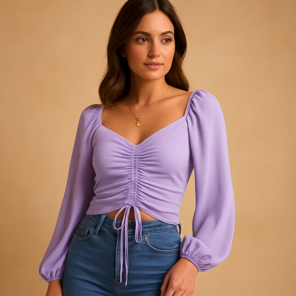 Women’s fitted blouse with a sweetheart neckline and tie detail, designed for casual wear and festive occasions in multiple colors.