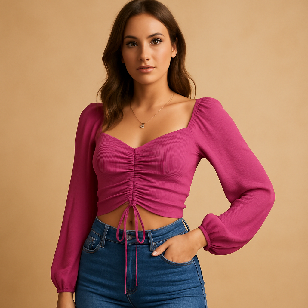 Women’s fitted blouse with a sweetheart neckline and tie detail, designed for casual wear and festive occasions in multiple colors.