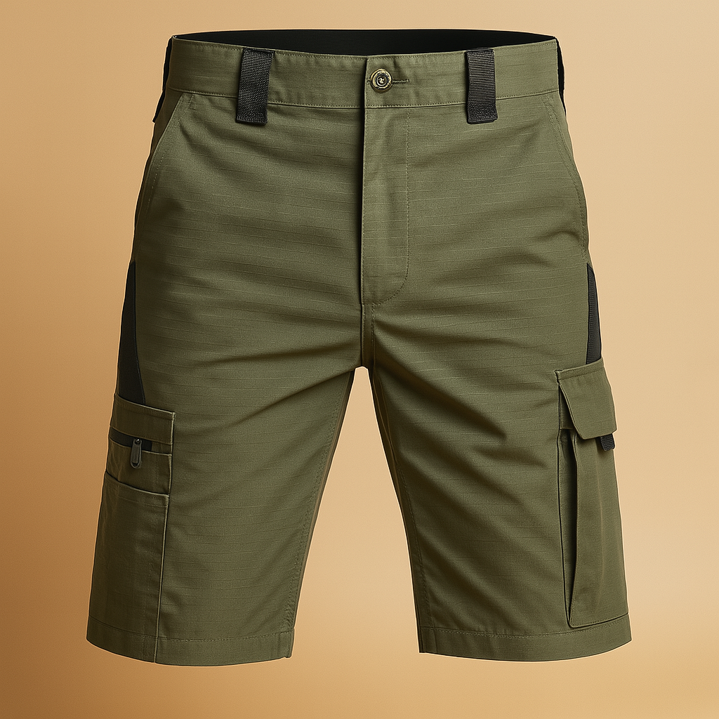 Men’s tactical outdoor shorts with multiple pockets in sand, army green, black, and gray — ideal for hiking, camping, and outdoor adventures.