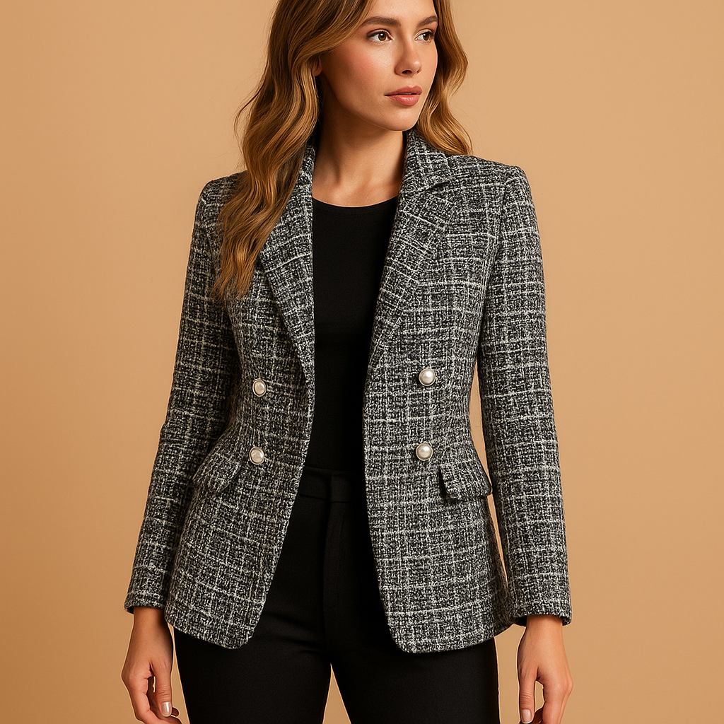 Tailored women’s check blazer with a flattering fit and timeless design, ideal for work, formal outfits, and polished everyday wear.