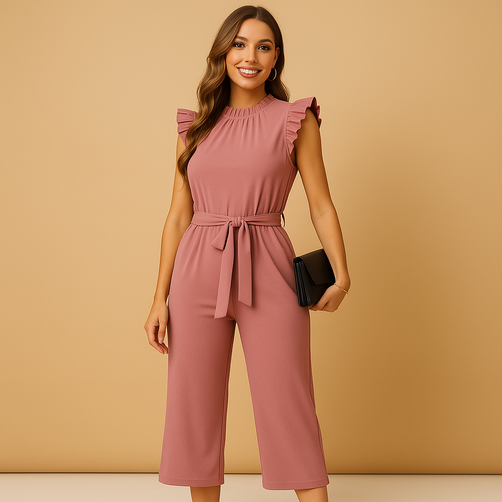 Tailored elegant jumpsuit for women with round neckline, cap sleeves, and waist belt, perfect for formal occasions, parties, or elegant evenings.