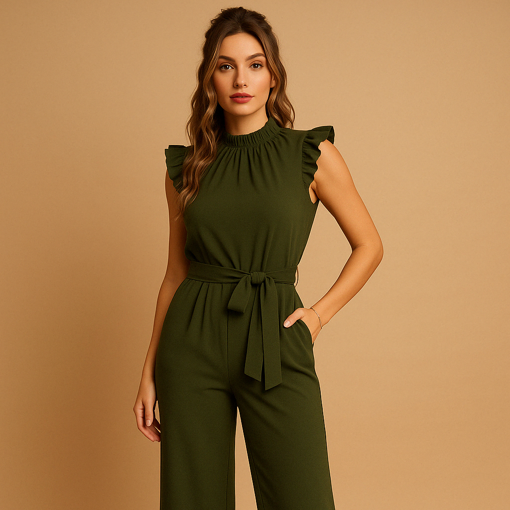 Tailored elegant jumpsuit for women with round neckline, cap sleeves, and waist belt, perfect for formal occasions, parties, or elegant evenings.