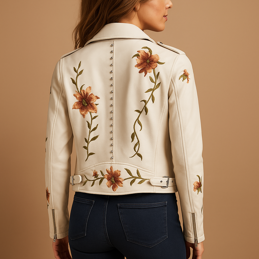 Tailored women’s leather jacket with a sleek fit and zip pockets in black and beige, perfect for casual and chic outfits.