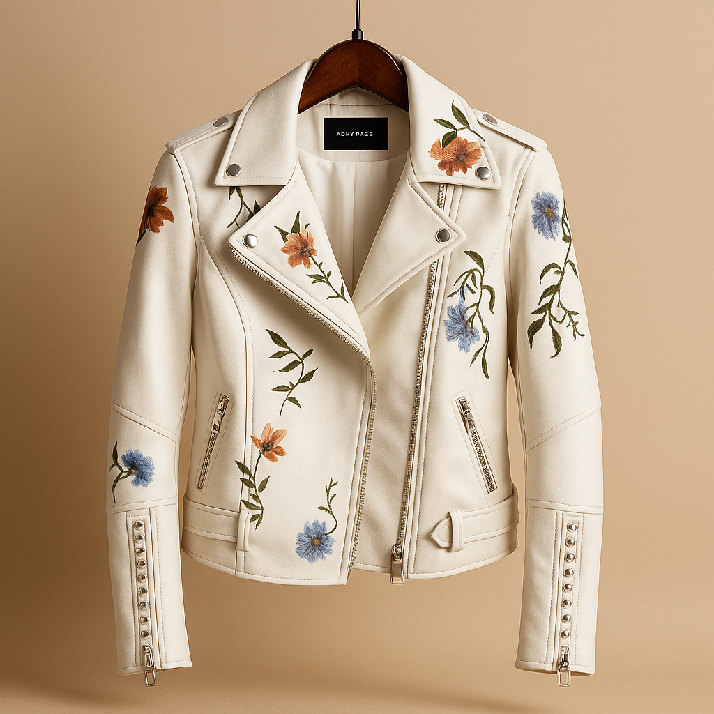 Tailored women’s leather jacket with a sleek fit and zip pockets in black and beige, perfect for casual and chic outfits.
