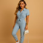 Tailored one-piece jumpsuit for women with refined button closure and flattering silhouette, perfect for office wear and evening outings.