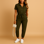 Tailored one-piece jumpsuit for women with refined button closure and flattering silhouette, perfect for office wear and evening outings.