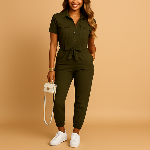 Tailored one-piece jumpsuit for women with refined button closure and flattering silhouette, perfect for office wear and evening outings.