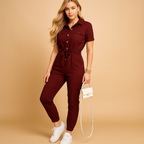 Tailored one-piece jumpsuit for women with refined button closure and flattering silhouette, perfect for office wear and evening outings.