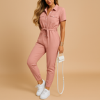 Tailored one-piece jumpsuit for women with refined button closure and flattering silhouette, perfect for office wear and evening outings.