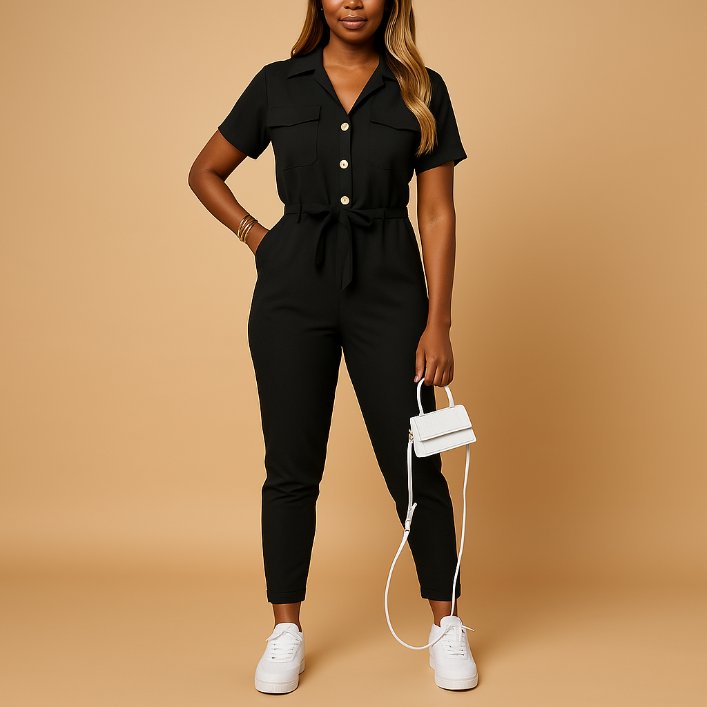 Tailored one-piece jumpsuit for women with refined button closure and flattering silhouette, perfect for office wear and evening outings.