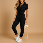 Tailored one-piece jumpsuit for women with refined button closure and flattering silhouette, perfect for office wear and evening outings.