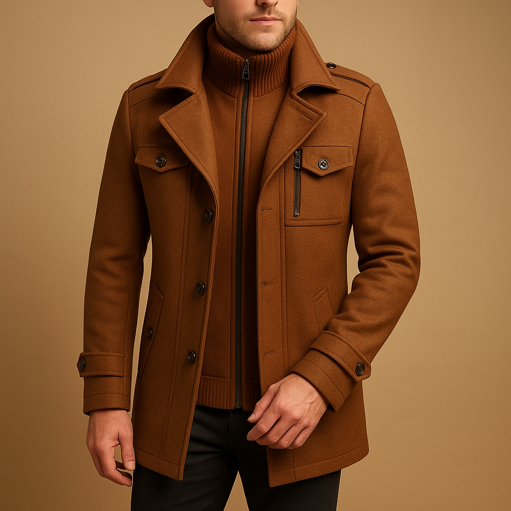 Elegant tailored winter coat for men with slim fit and two-piece design, ideal for formal occasions and cold-weather style.