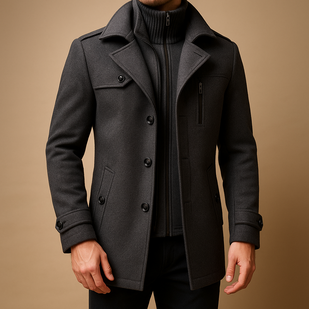 Elegant tailored winter coat for men with slim fit and two-piece design, ideal for formal occasions and cold-weather style.