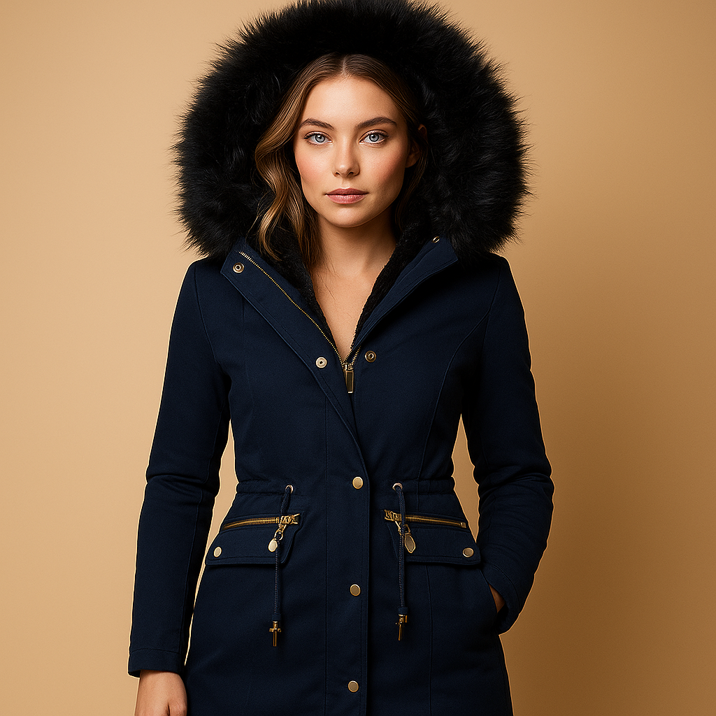 Women’s thermal winter coat with insulated fabric, faux fur hood, and zip and button closure, suitable for outdoor activities and stylish winter wear.