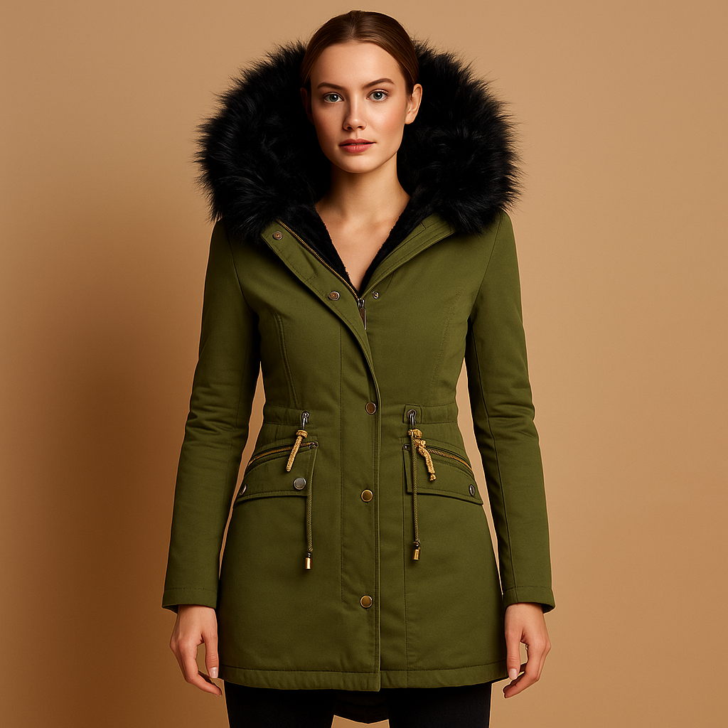 Women’s thermal winter coat with insulated fabric, faux fur hood, and zip and button closure, suitable for outdoor activities and stylish winter wear.