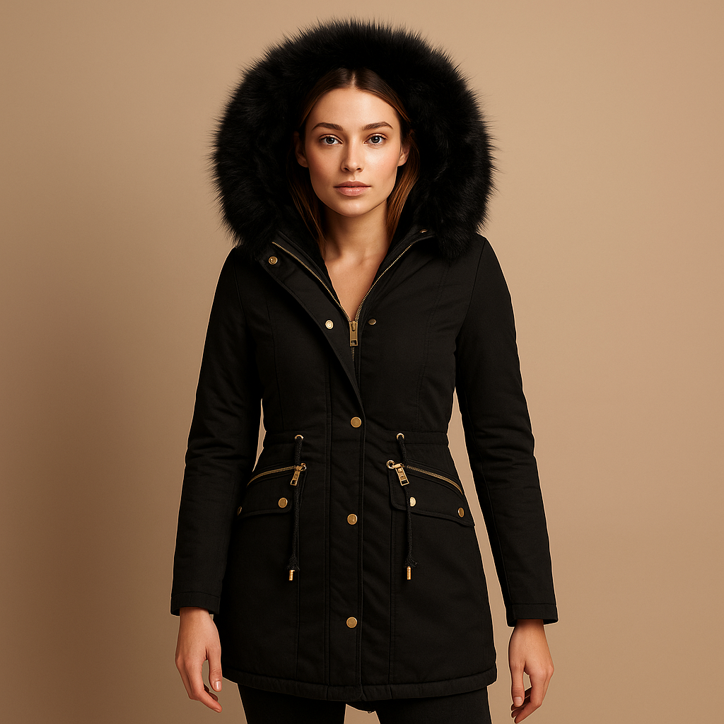 Women’s thermal winter coat with insulated fabric, faux fur hood, and zip and button closure, suitable for outdoor activities and stylish winter wear.