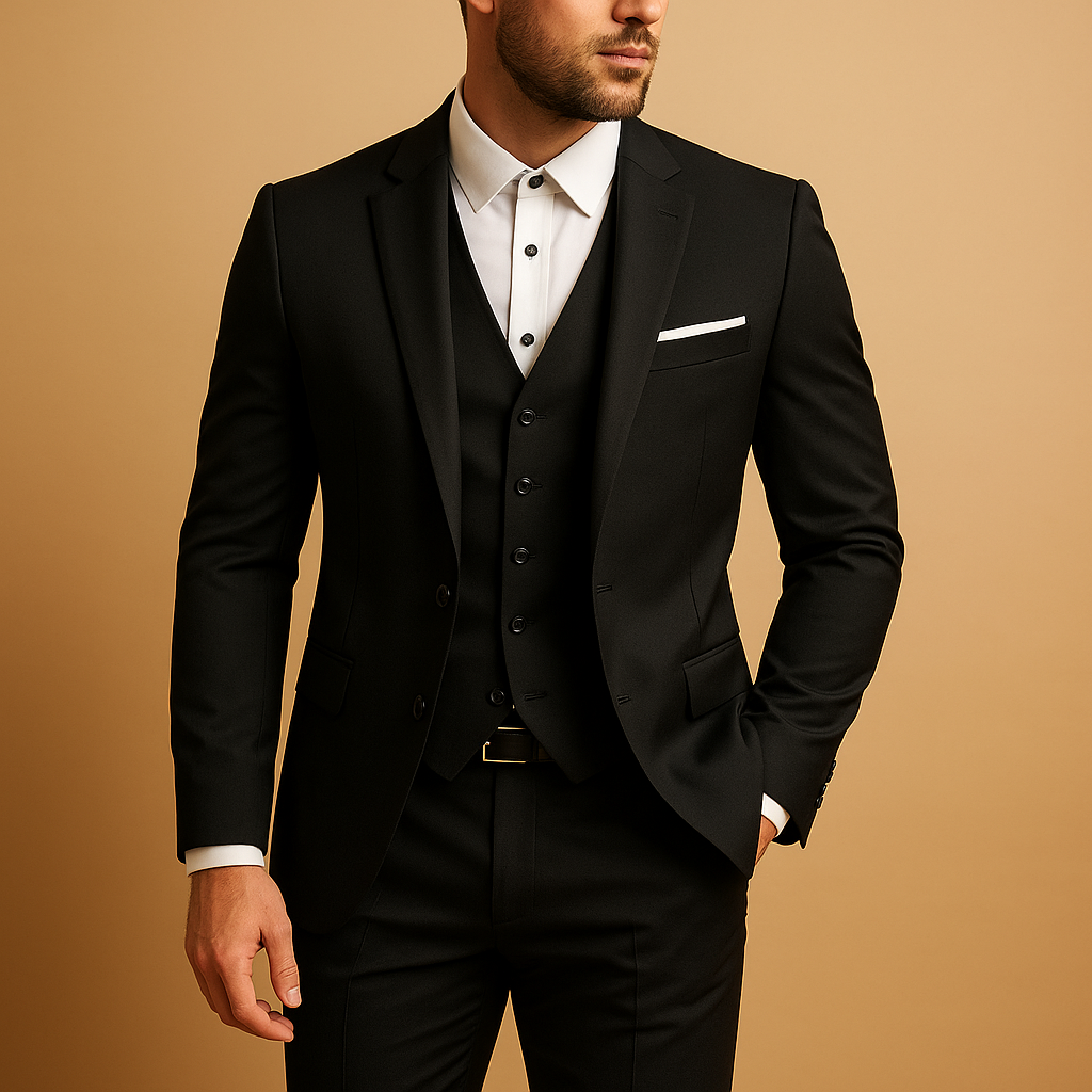 Men’s three-piece slim fit suit with blazer, vest, and trousers, perfect for weddings, formal events, or business occasions.