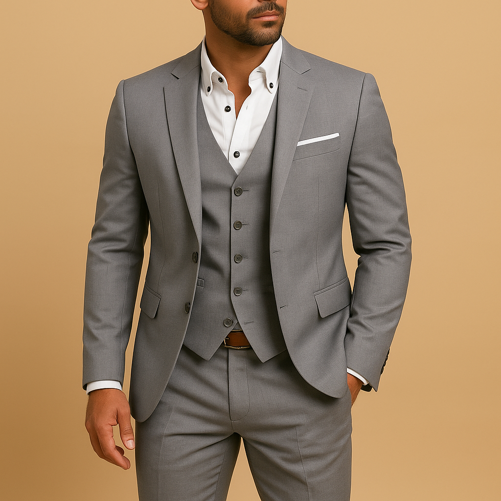 Men’s three-piece slim fit suit with blazer, vest, and trousers, perfect for weddings, formal events, or business occasions.
