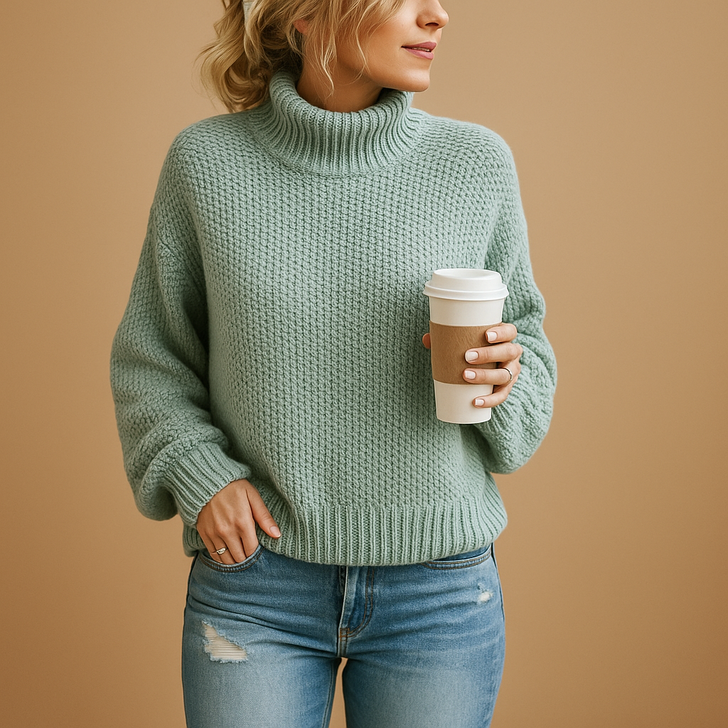 Women’s timeless knitted sweater in neutral tones, perfect for layering and year-round comfort and style.