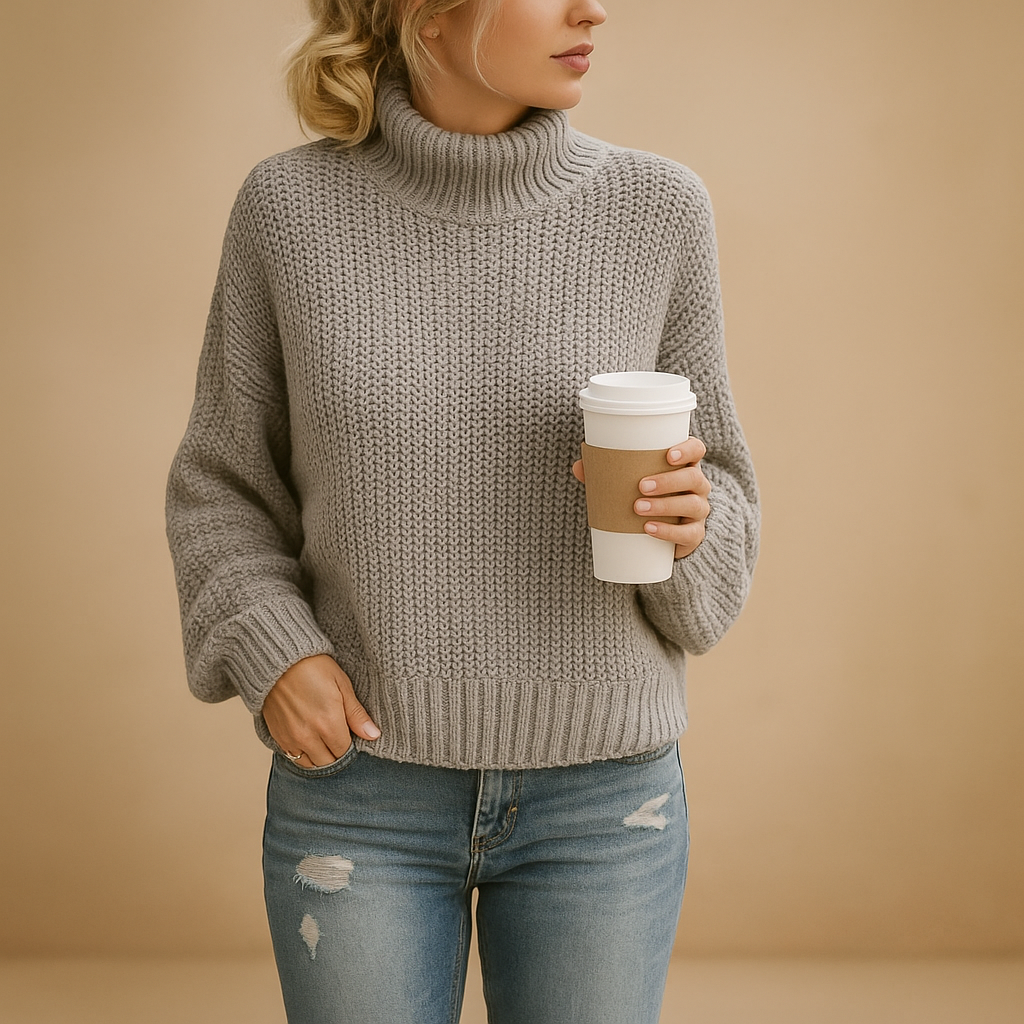 Women’s timeless knitted sweater in neutral tones, perfect for layering and year-round comfort and style.