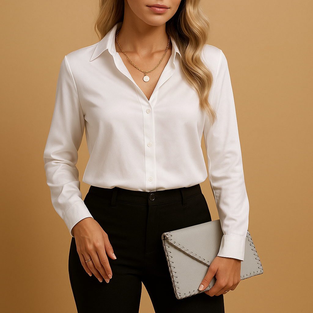 Women’s lightweight blouse with a classic collar and airy fit, styled for work, casual outings, and elegant everyday looks.