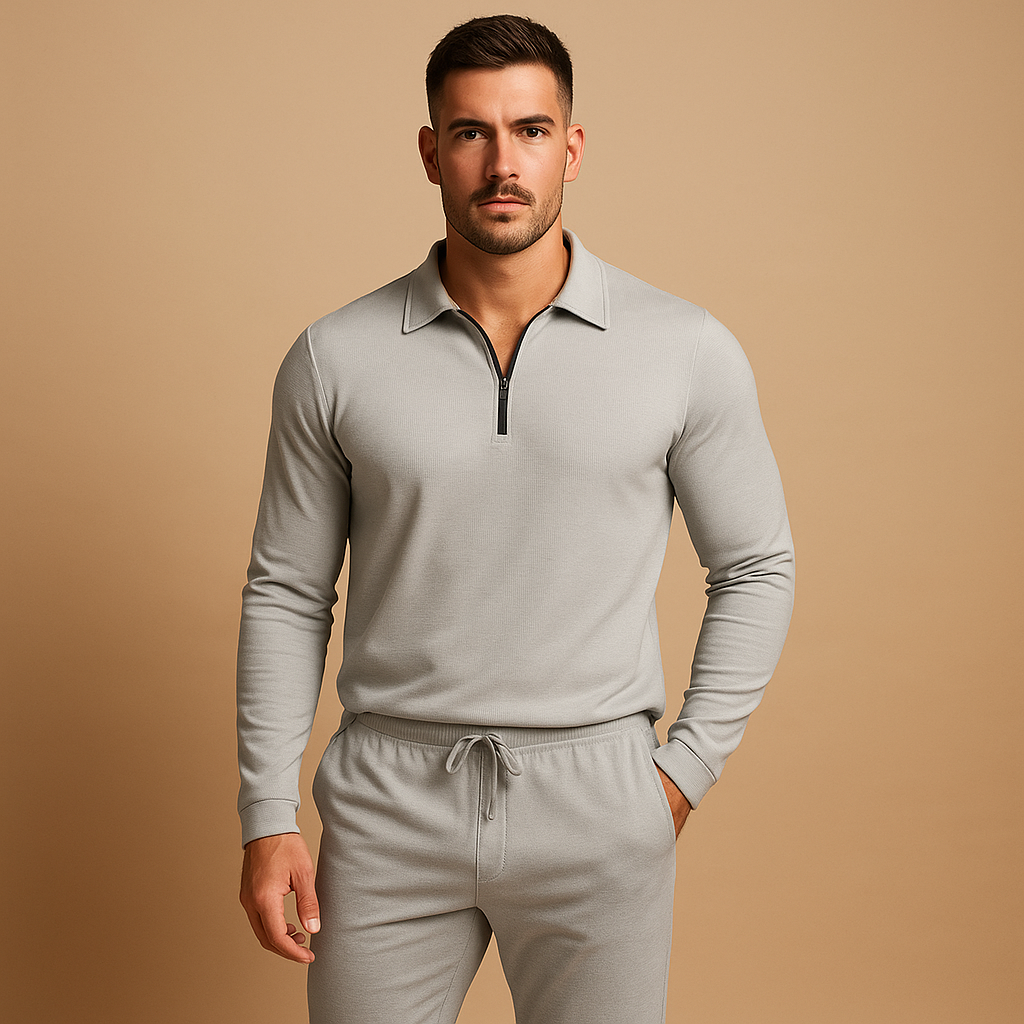 Men’s tracksuit with zip polo top and tapered joggers, perfect for casual outings, relaxed weekends, or stylish daily wear.