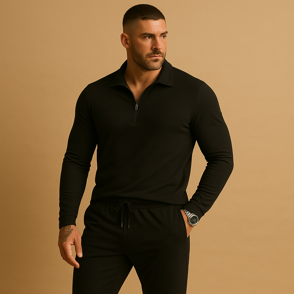 Men’s tracksuit with zip polo top and tapered joggers, perfect for casual outings, relaxed weekends, or stylish daily wear.