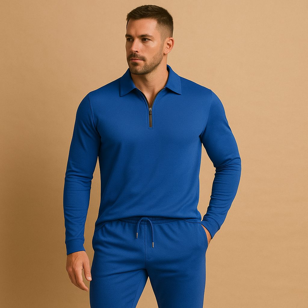 Men’s tracksuit with zip polo top and tapered joggers, perfect for casual outings, relaxed weekends, or stylish daily wear.