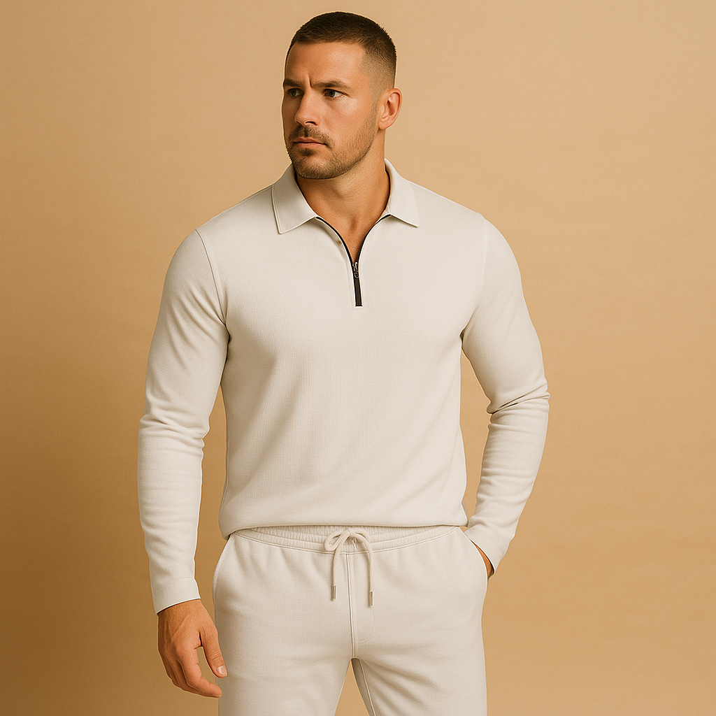 Men’s tracksuit with zip polo top and tapered joggers, perfect for casual outings, relaxed weekends, or stylish daily wear.