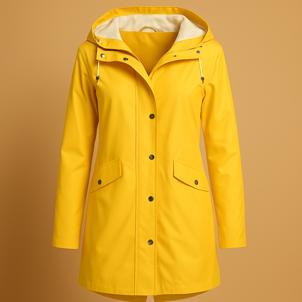 Women’s transparent rain jacket with a relaxed lightweight fit and adjustable hood, suitable for rainy days, everyday wear, and seasonal layering.