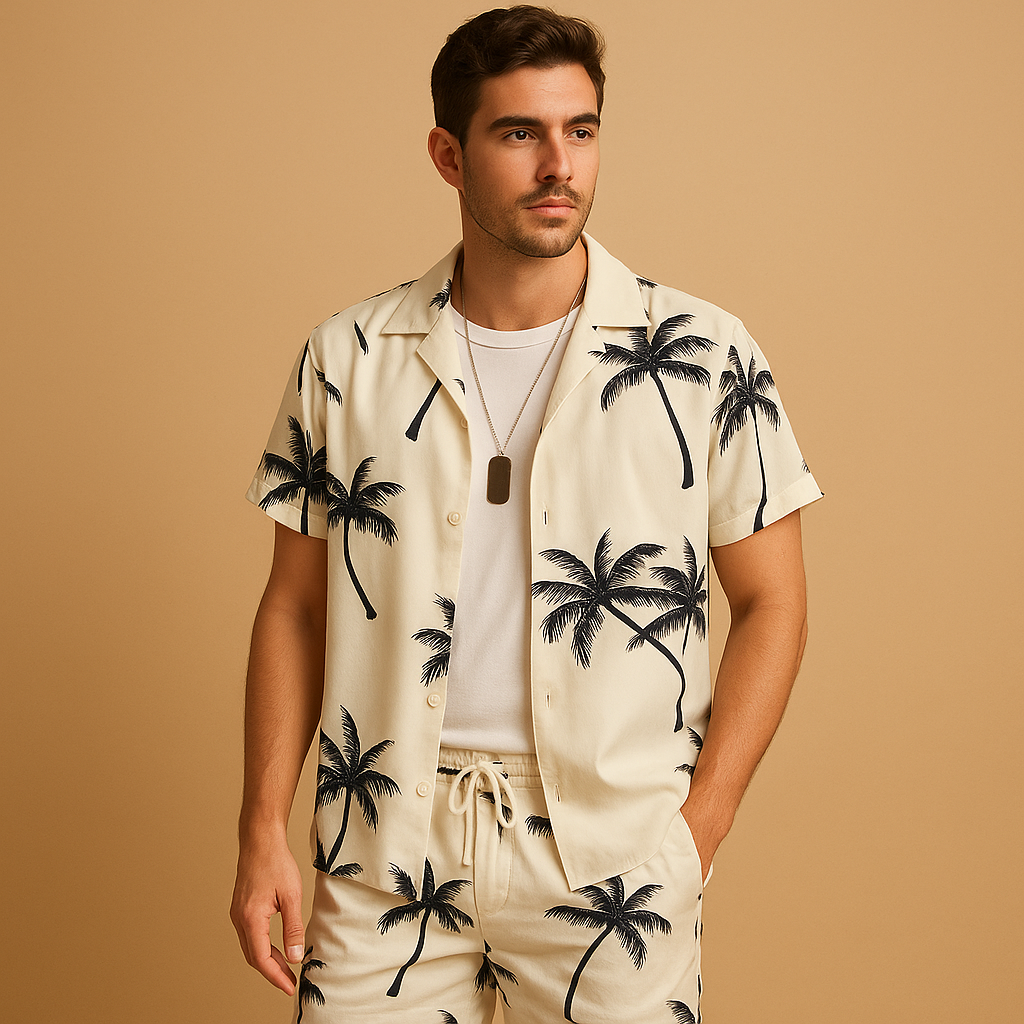 Men’s tropical summer set with palm and feather print, perfect for vacations, beach days, or relaxed summer outings.