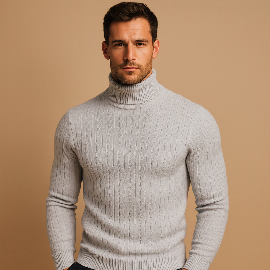 Men’s turtleneck knitted sweater with a soft, warm fit and classic design, ideal for autumn and winter wear or elegant everyday looks.