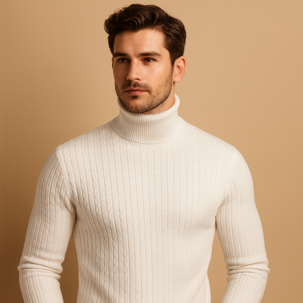 Men’s turtleneck knitted sweater with a soft, warm fit and classic design, ideal for autumn and winter wear or elegant everyday looks.